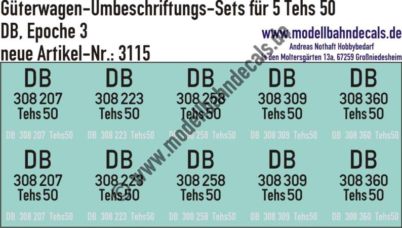 Nass-Schiebebilder: 5x2 Umbeschriftungs-Sets für Kühlwagen Tesh 50, DB, Epoche 3. Artikel-Nummer: 3115