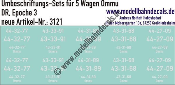 "Nass-Schiebebilder: 5x2 Umbeschriftungs-Sets für Güterwagen Gattung Ommu, DR, Epoche 3. Artikel-Nummer: 3121"