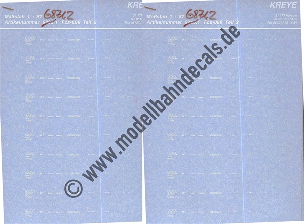 "Nass-Schiebebilder: zu 087-3163: Seitenwandanschriften DB FCs 90, Weiss (Auslaufartikel - kann nicht neu aufgelegt werden). Artikel-Nummer: 3165"