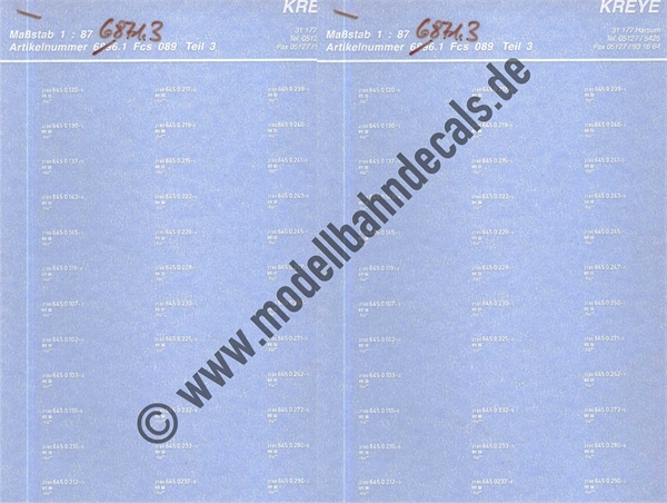 "Nass-Schiebebilder: 35x2 Güterwagennummern (Seitenwand) DB Fcs 90 , Weiss (Auslaufartikel - kann nicht neu aufgelegt werden). Artikel-Nummer: 3168"