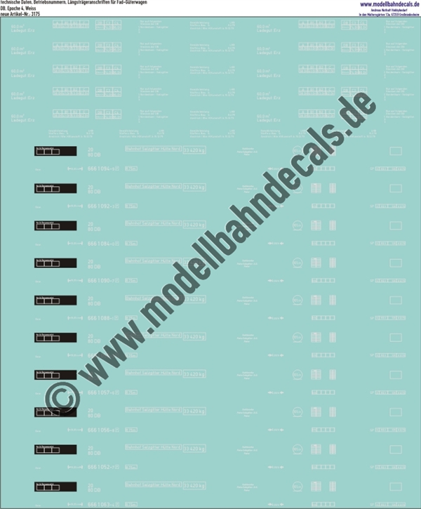 "Nass-Schiebebilder: zu 3170: 10 Sets technische Daten, Betriebsnummern, Längsträgeranschriften, Weiss. Artikel-Nummer: 3175"