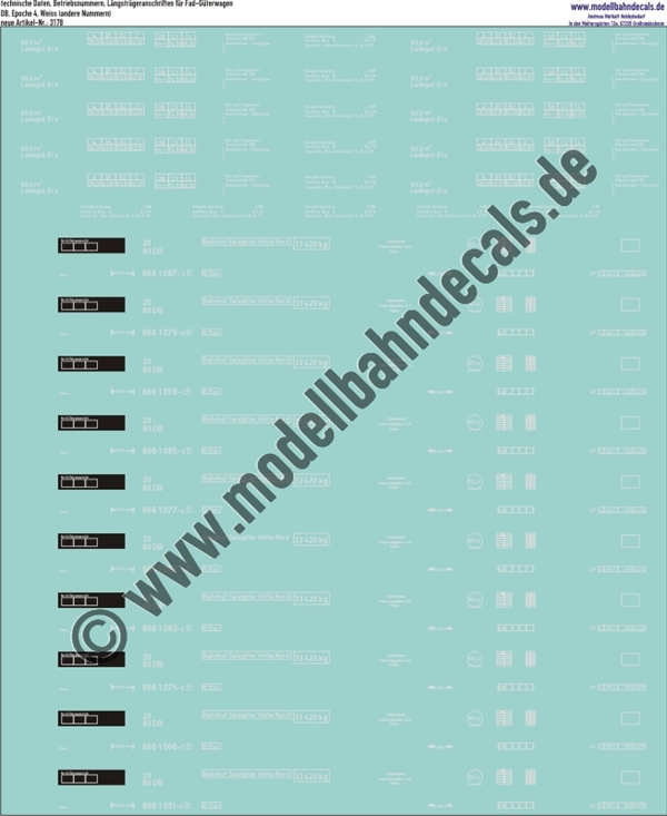 "Nass-Schiebebilder: zu 3170: 10 Sets technische Daten, Betriebsnummern, Längsträgeranschriften, Weiss (andere Nummern). Artikel-Nummer: 3178"