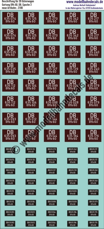 Nass-Schiebebilder: 20x2 Güterwagennummern DB Offs 6x20x2 . Artikel-Nummer: 3180