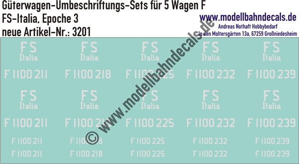 "Nass-Schiebebilder: 5x2 Umbeschriftungs-Sets für Güterwagen Gattung F, FS-Italia, Epoche 3. Artikel-Nummer: 3201"