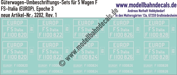 "Nass-Schiebebilder: 5x2 Umbeschriftungs-Sets für Güterwagen Gattung F, FS-Italia (EUROP), Epoche 3. Artikel-Nummer: 3202"