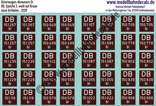 "Nass-Schiebebilder: 20x2 Güterwagennummern DB Gr 20, Weiss auf Braun. Artikel-Nummer: 3220"