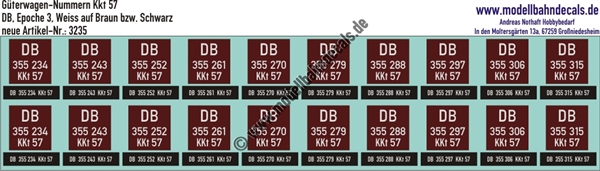 "Nass-Schiebebilder: 10x2 Güterwagennummern DB KKt 57, Weiss auf Braun bzw. Schwarz. Artikel-Nummer: 3235"