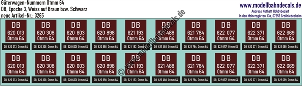 "Nass-Schiebebilder: 10x2 Güterwagennummern DB Otmm 64, Weiss auf Braun bzw. Schwarz. Artikel-Nummer: 3265"