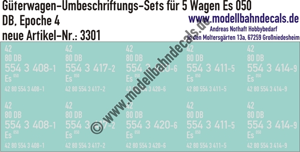"Nass-Schiebebilder: 5x2 Umbeschriftungs-Sets für Güterwagen Gattung Es 050, DB, Epoche 4. Artikel-Nummer: 3301"