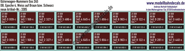 "Nass-Schiebebilder: 10x2 Güterwagennummern DB Gos 245, Weiss auf Braun bzw. Schwarz. Artikel-Nummer: 3305"