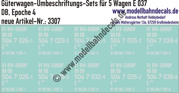 "Nass-Schiebebilder: 5x2 Umbeschriftungs-Sets für Güterwagen Gattung E 037, DB, Epoche 4. Artikel-Nummer: 3307"