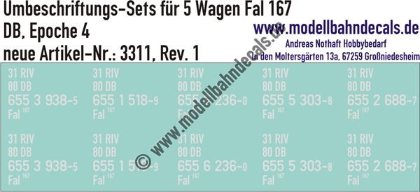 "Nass-Schiebebilder: 5x2 Umbeschriftungs-Sets für Güterwagen Gattung Fal 167, DB, Epoche 4. Artikel-Nummer: 3311"