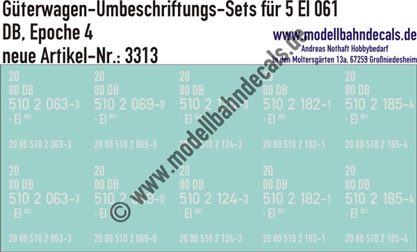 "Nass-Schiebebilder: 5x2 Umbeschriftungs-Sets für Güterwagen Gattung El 061, DB, Epoche 4. Artikel-Nummer: 3313"