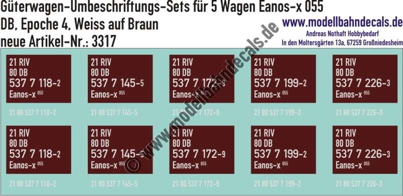 Nass-Schiebebilder: 5x2 Umbeschriftungs-Sets für Güterwagen Gattung Eanos-x 055, DB, Epoche 4, weiß auf Braun. Artikel-Nummer: 3317