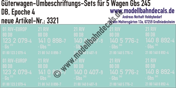 "Nass-Schiebebilder: 5x2 Umbeschriftungs-Sets für Güterwagen Gattung Gbs 245, DB, Epoche 4. Artikel-Nummer: 3321"