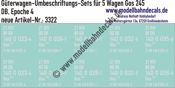 "Nass-Schiebebilder: 5x2 Umbeschriftungs-Sets für Güterwagen Gattung Gos 245, DB, Epoche 4. Artikel-Nummer: 3322"