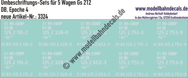 "Nass-Schiebebilder: 5x2 Umbeschriftungs-Sets für Güterwagen Gattung ·Gs 212, DB, Epoche 4. Artikel-Nummer: 3324"