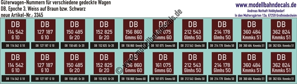"Nass-Schiebebilder: je 2x2 Güterwagennummern DB gedeckte Wagen (G 10, Gr 20, Glms 60, Glmhs 50, Kmmks 51) Weiss auf Braun/Schwarz. Artikel-Nummer: 3345"