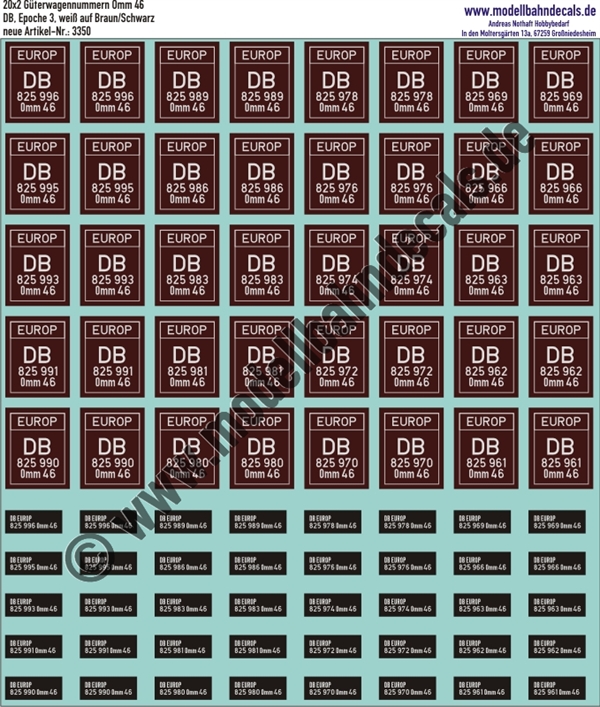 "Nass-Schiebebilder: 20x2 Güterwagennummern DB-EUROP Omm 46, (Weiss auf Braun, bzw. auf Schwarz). Artikel-Nummer: 3350"