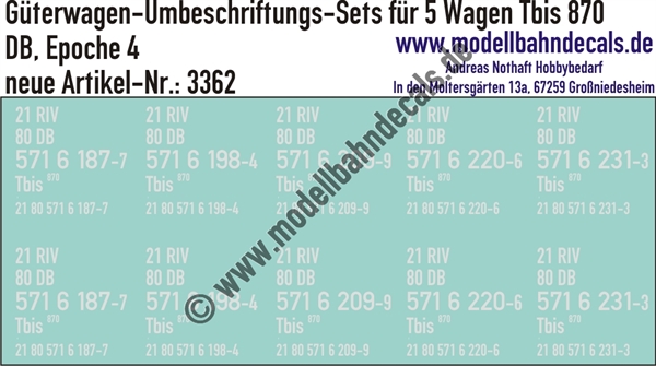 "Nass-Schiebebilder: 5x2 Umbeschriftungs-Sets für Güterwagen Gattung Tbis 870, DB, Epoche 4. Artikel-Nummer: 3362"