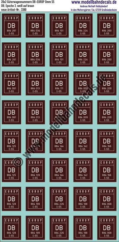 "Nass-Schiebebilder: 20x2 Güterwagennummern DB-EUROP Omm 55, (Weiss auf Braun). Artikel-Nummer: 3380"