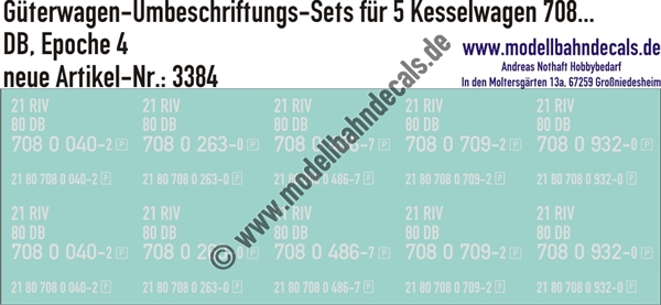 "Nass-Schiebebilder: 5x2 Umbeschriftungs-Sets für Kesselwagen 708 ..., DB, Epoche 4. Artikel-Nummer: 3384"