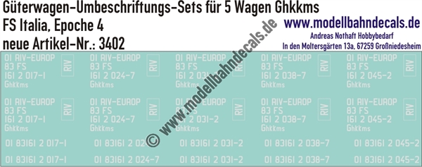 "Nass-Schiebebilder: 5x2 Umbeschriftungs-Sets für Güterwagen Gattung Ghkkms, FS Italia(EUROP), Epoche 4. Artikel-Nummer: 3402"