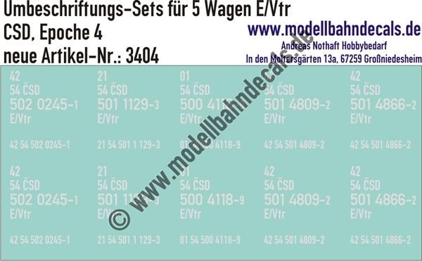 "Nass-Schiebebilder: 5x2 Umbeschriftungs-Sets für Güterwagen Gattung E/Vtrm CSD, Epoche 4. Artikel-Nummer: 3404"