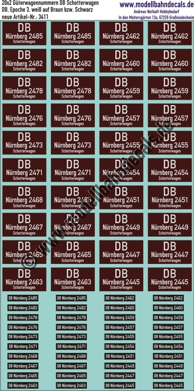 "Nass-Schiebebilder: 20x2 Güterwagennummern DB Talbot-Schotterwagen ""Nürnberg"", (Weiss auf Braun, bzw. auf Schwarz). Artikel-Nummer: 3411"