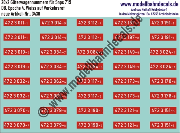 Nass-Schiebebilder: 20x2 Güterwagennummern DB Snps 719 (Weiss auf Rot). Artikel-Nummer: 3430
