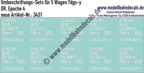 "Nass-Schiebebilder: 5x2 Umbeschriftungs-Sets für Güterwagen Gattung Tdgs-y, DR, Epoche 4. Artikel-Nummer: 3431"