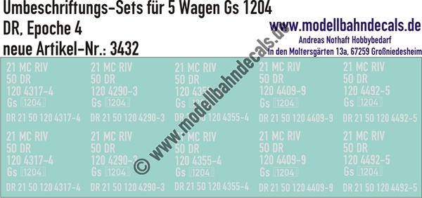 "Nass-Schiebebilder: 5x2 Umbeschriftungs-Sets für Güterwagen Gattung Gs 1204, DR, Epoche 4. Artikel-Nummer: 3432"
