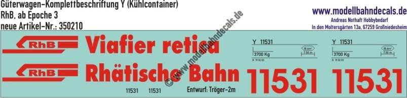 Nass-Schiebebilder: Güterwagen-Komplettbeschriftung Y (Kühlcontainer) der RhB (Rhätische Bahn), Epoche 4, Entwurf Tröger-2m, Art. 350210