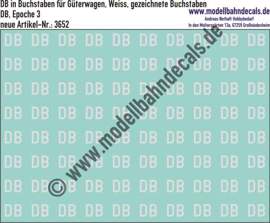 Nass-Schiebebilder: DB in Buchstaben für Güterwagen, Weiss, gezeichnete Buchstaben. Artikel-Nummer: 3652