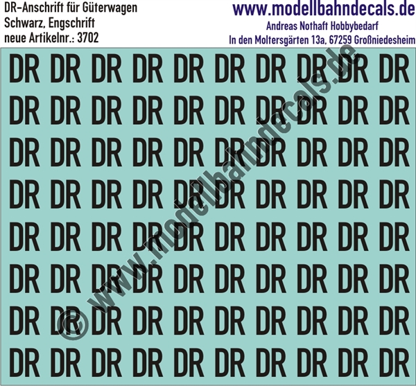 "Nass-Schiebebilder: ""DR"" als Güterwagenbuchstaben (Engschrift), Schwarz. Artikel-Nummer: 3702"