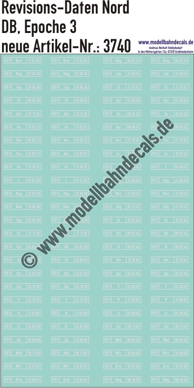 "Nass-Schiebebilder: Revisionsdaten mit unterschiedlichen Meistereien und Datumsangaben, Norddeutschland, Epoche 3. Artikel-Nummer: 3740"