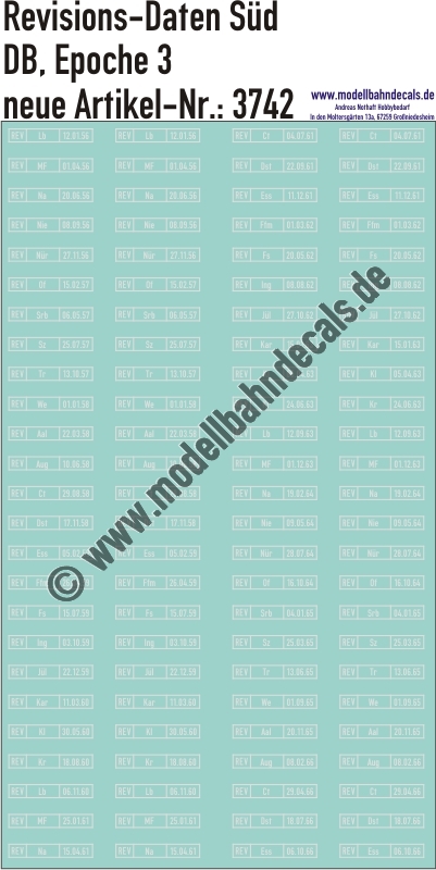 "Nass-Schiebebilder: Revisionsdaten mit unterschiedlichen Meistereien und Datumsangaben, Süddeutschland, Epoche 3. Artikel-Nummer: 3742"