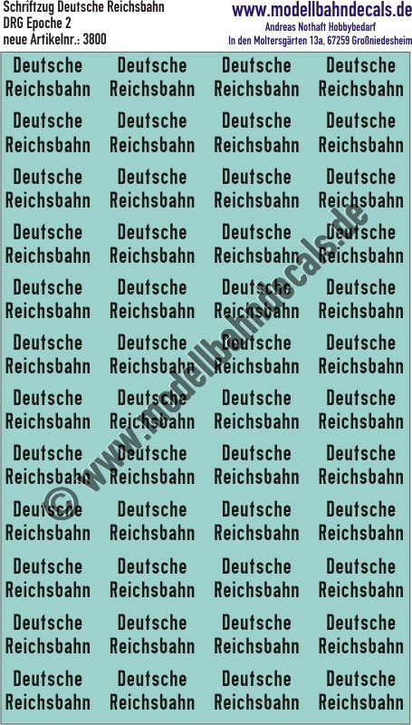 "Nass-Schiebebilder: ""Deutsche Reichsbahn"", Schwarz für Güterwagen, 2-zeilig. Artikel-Nummer: 3800"