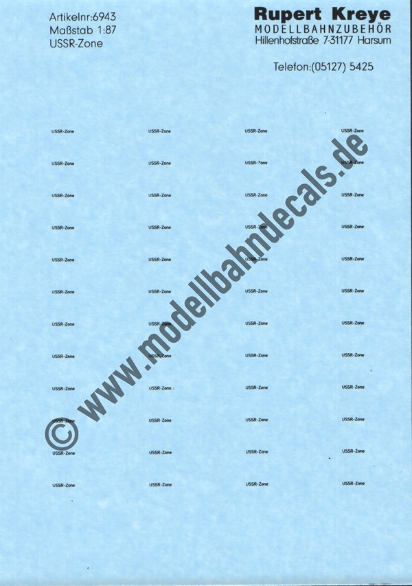 "Nass-Schiebebilder: Güterwagenbeschriftung ""USSR-Zone"", einzeilig, 48x Schwarz, Auslaufartikel - neu siehe 3850. Artikel-Nummer: 3855"