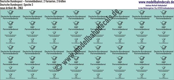 "Nass-Schiebebilder: Deutsche Bundespost Fernmeldedienst, Schwarz, Epoche 3, 2 Varianten in je 2 Größen. Artikel-Nummer: 3963"