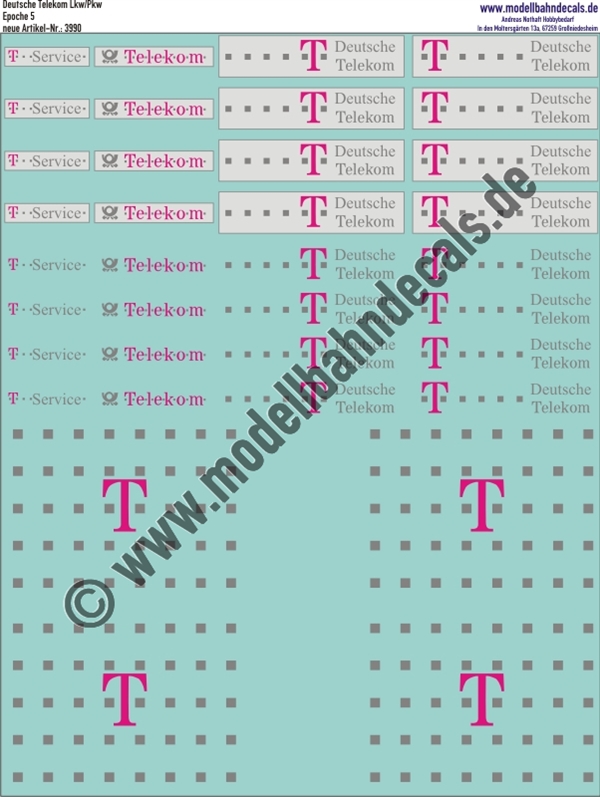"Nass-Schiebebilder: Telekom Lkw/Pkw, verschiedene Varianten, Magenta, Hellgrau. Artikel-Nummer: 3990"