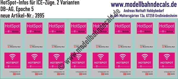 "Nass-Schiebebilder: Hot-Spot Infos für ICE-Züge in 2 Varianten, DB-AG, Epoche 5. Artikel-Nummer: 3995"