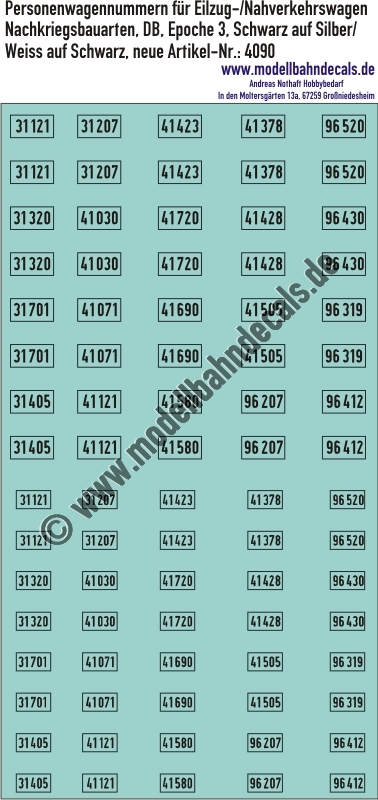 "Nass-Schiebebilder: Personenwagen-Nummern für Eilzug/Nahverkehrswagen Nachkriegsbauarten DB, Schwarz auf Silber/Weiss auf Schwarz. Artikel-Nummer: 4090"