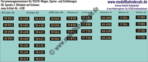 "Nass-Schiebebilder: Personenwagen-Nummern DB TEE/FD Wagen, Speise- und Schlafwagen DB, Elfenbein auf Schwarz. Artikel-Nummer: 4100"
