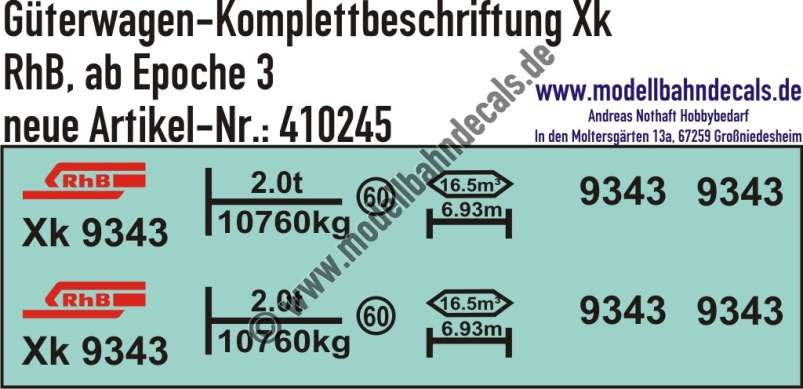 Nass-Schiebebilder: Güterwagen-Komplettbeschriftung Xk der RhB (Rhätische Bahn), Epoche 4, Epoche 4, Art. 410245