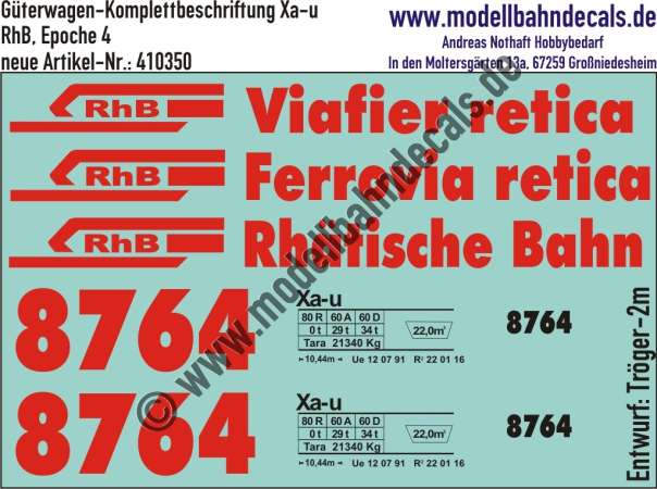 Nass-Schiebebilder: Güterwagen-Komplettbeschriftung Xa-u (Schotterwagen) der RhB (Rhätische Bahn), Epoche 4, Epoche 4, Art. 410350