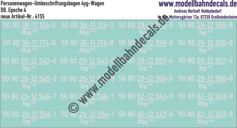 Nass-Schiebebilder: 12 Personenwagen-Nummern für 4yg-Wagen DB, Epoche 4, Weiss. Artikel-Nummer: 4155
