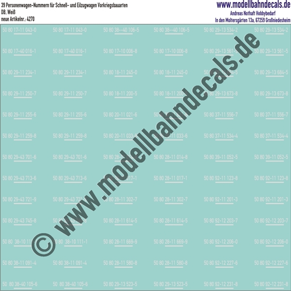 Nass-Schiebebilder: 39 Personenwagen-Nummern für Schnell- und Eilzugwagen Vorkriegsbauarten DB RAL 9010 (Weiss). Artikel-Nummer: 4270