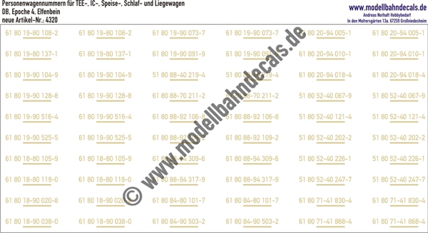 "Nass-Schiebebilder: 30 Personenwagen-Nummern TEE-, IC-, Speise-, Schlaf- und Liegewagen, DB, Elfenbein. Artikel-Nummer: 4320"
