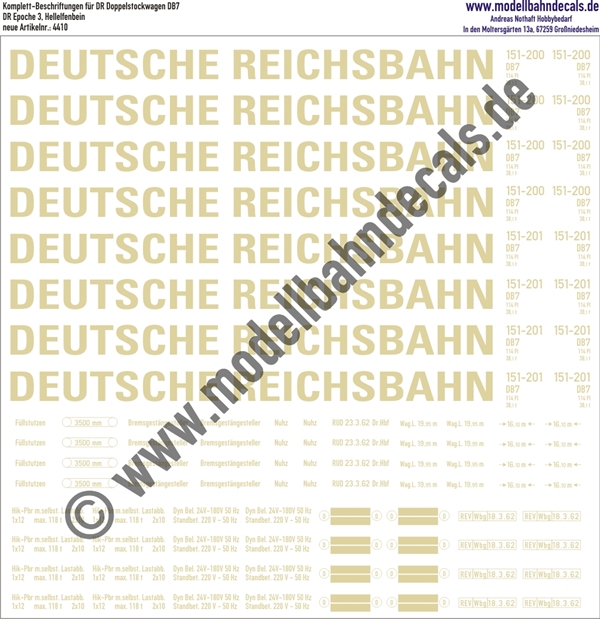 "Nass-Schiebebilder: Komplett-Beschriftungen für DR Doppelstockwagen, Hellelfenbein. Artikel-Nummer: 4410"